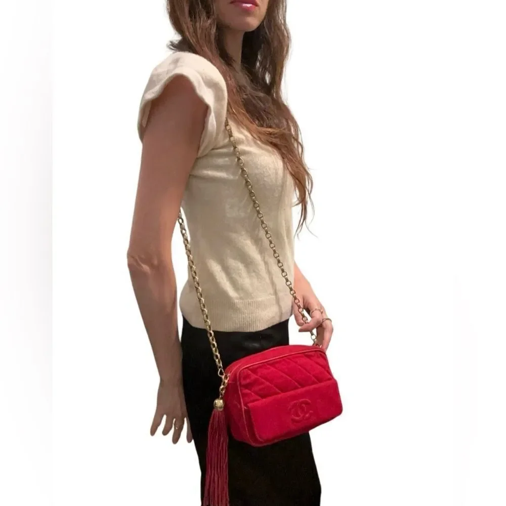 Chanel Quilted Red Crossbody Bag with Gold Chain